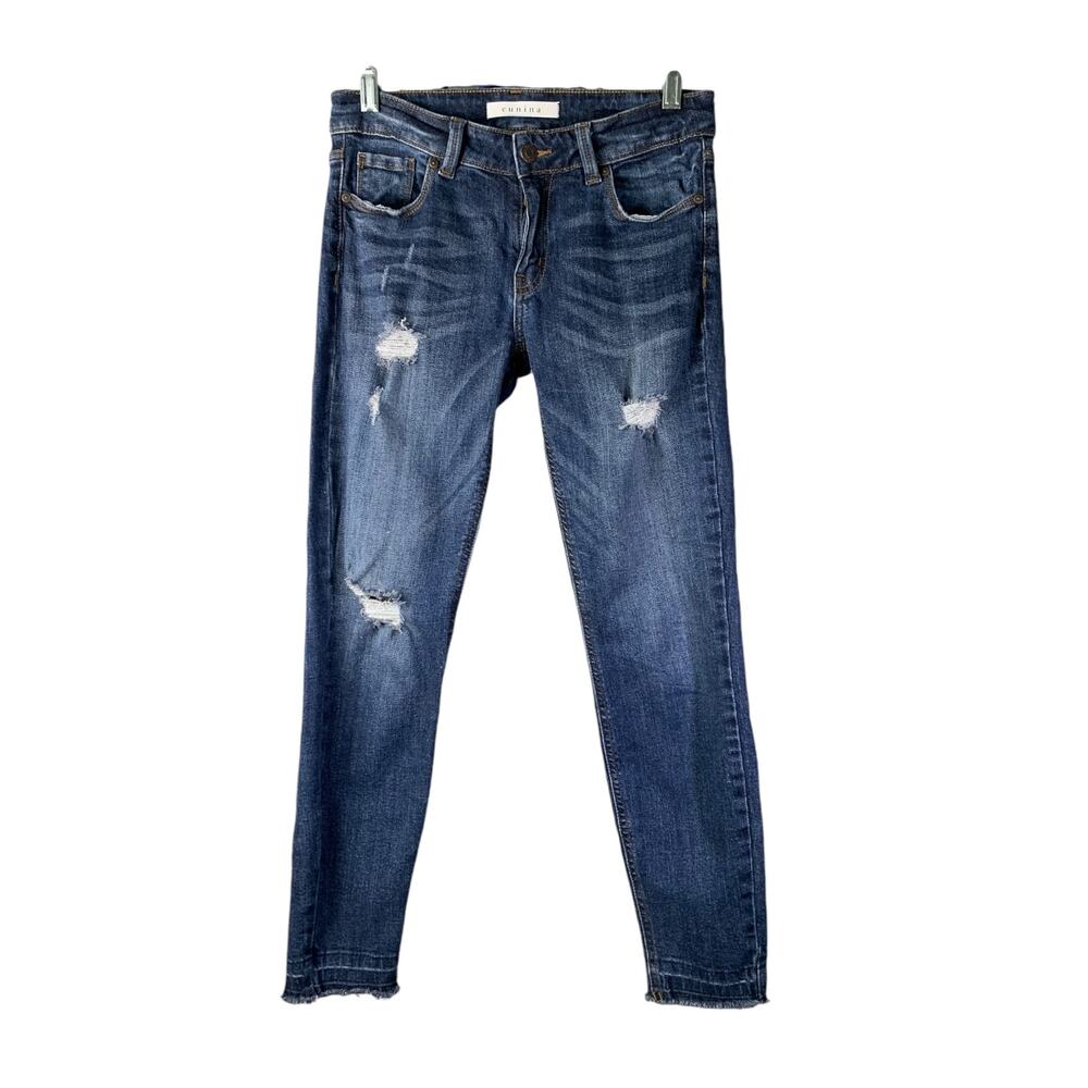 Eunina Jeans Womens 26‎ Blue Denim Kitty Low Rise Skinny Crop Distressed Raw Hem